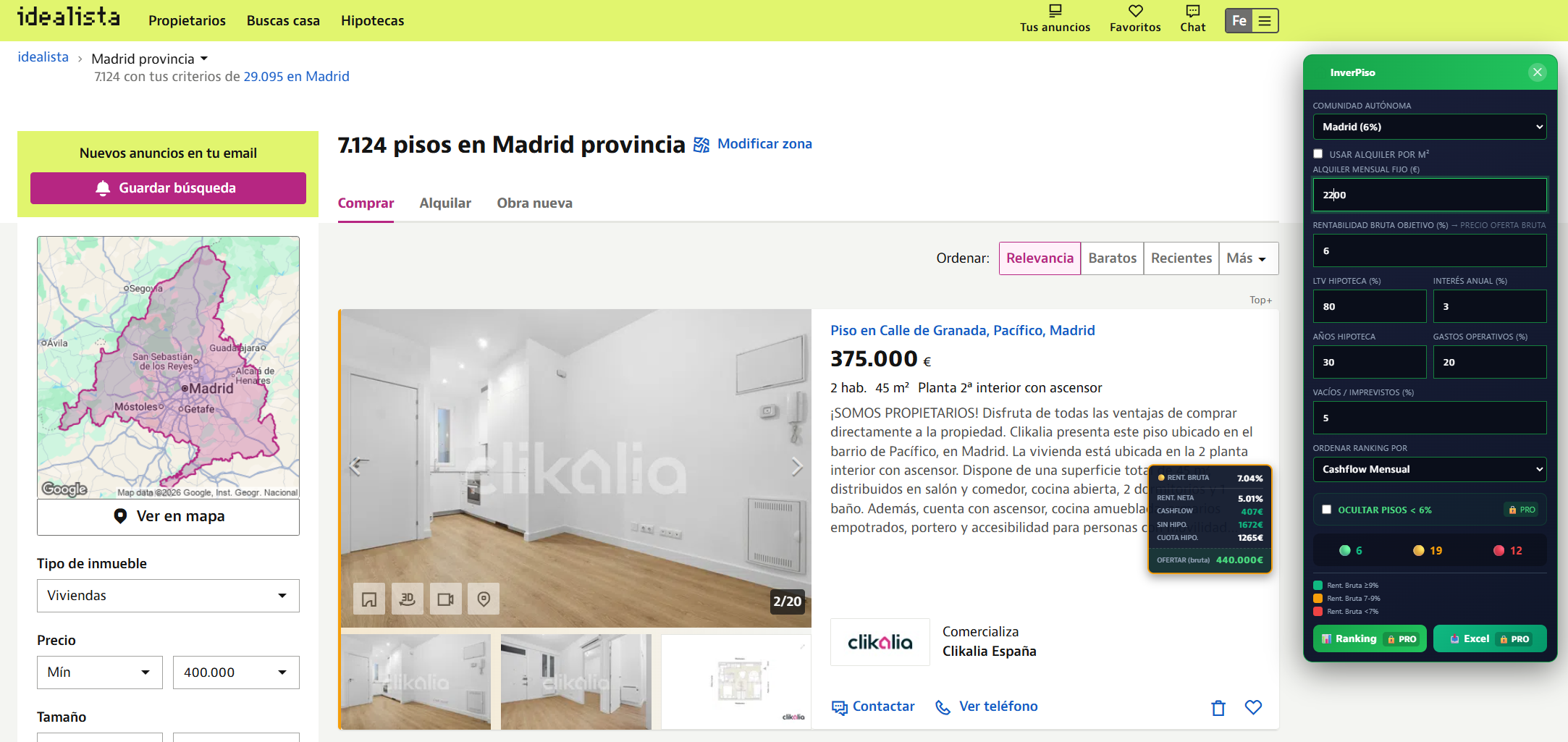 InverPiso mostrando overlays de rentabilidad en Idealista Madrid